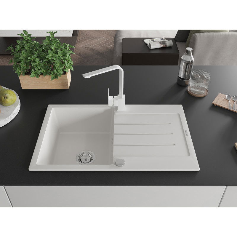 Mexen Bruno granite sink, single-bowl with drainer and Rita kitchen tap, white - 6513-20-670300-20