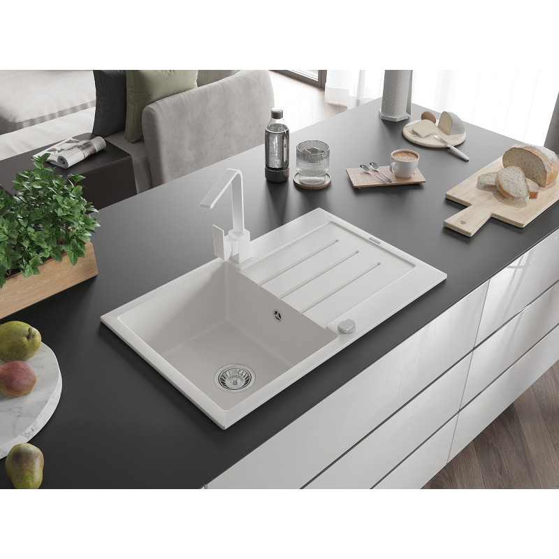 Mexen Bruno granite kitchen sink 1-bowl with drainer and Rita kitchen faucet, white - 6513-20-670300-20