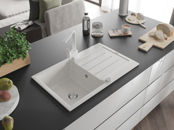 Mexen Bruno 1-bowl granite sink with drainer and kitchen faucet Rita, white - 6513-20-670300-20