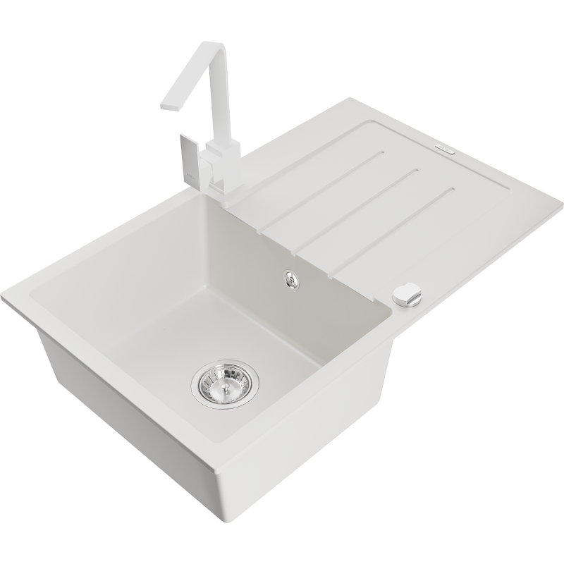 Mexen Bruno 1-compartment granite sink with a drip tray and kitchen mixer tap Rita, White - 6513-20-670300-20