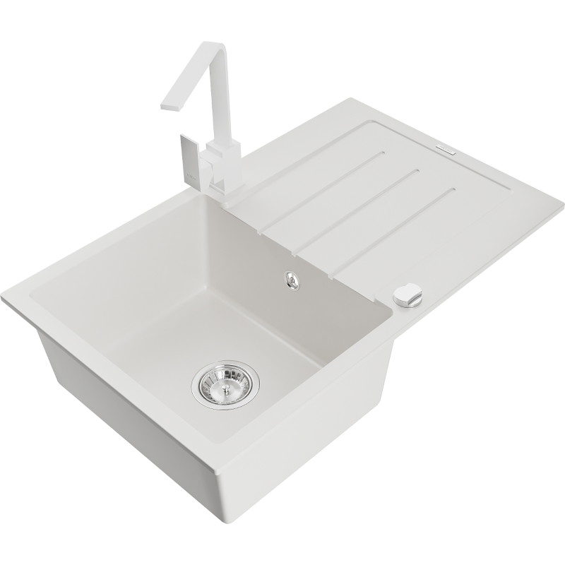 Mexen Bruno granite kitchen sink 1-bowl with drainer and Rita kitchen faucet, white - 6513-20-670300-20