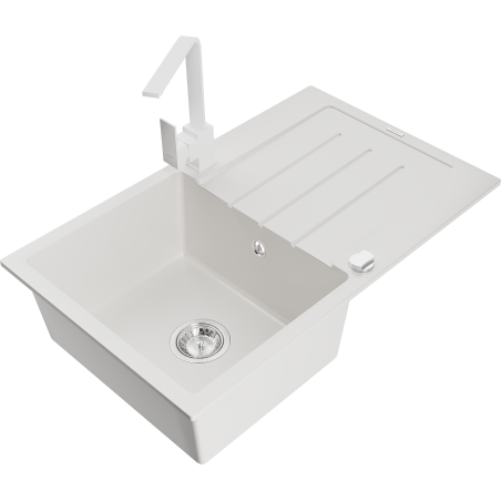 Mexen Bruno granite kitchen sink 1-bowl with drainer and Rita kitchen faucet, white - 6513-20-670300-20