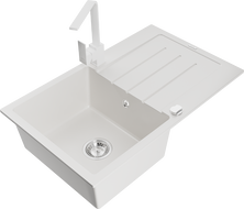 Mexen Bruno granite sink, single-bowl with drainer and Rita kitchen tap, white - 6513-20-670300-20