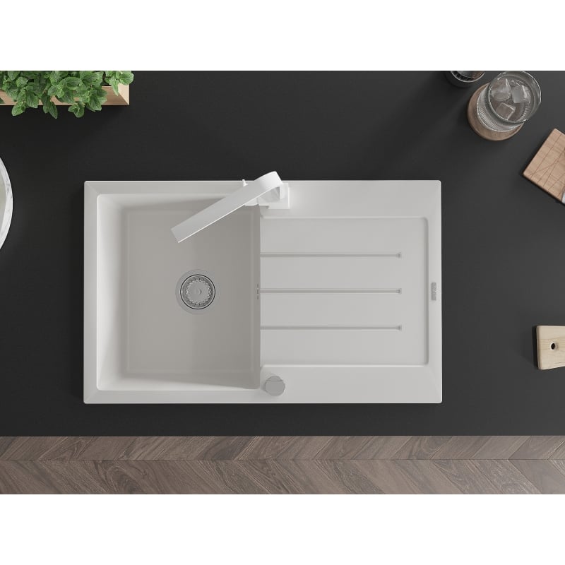 Mexen Bruno granite kitchen sink 1-bowl with drainer and Rita kitchen faucet, white - 6513-20-670300-20
