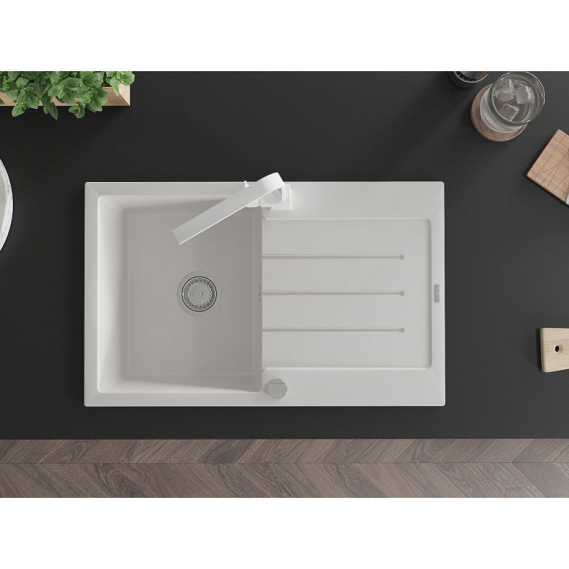 Mexen Bruno granite sink, single-bowl with drainer and Rita kitchen tap, white - 6513-20-670300-20