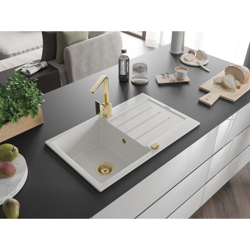 Mexen Bruno granite sink single-bowl with drainer and kitchen faucet Rita, white - 6513-20-670300-50