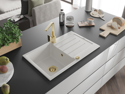 Mexen Bruno granite sink 1-bowl with drainer and kitchen faucet Rita, white - 6513-20-670300-50