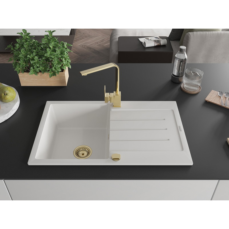 Mexen Bruno granite sink single-bowl with drainer and kitchen faucet Rita, white - 6513-20-670300-50