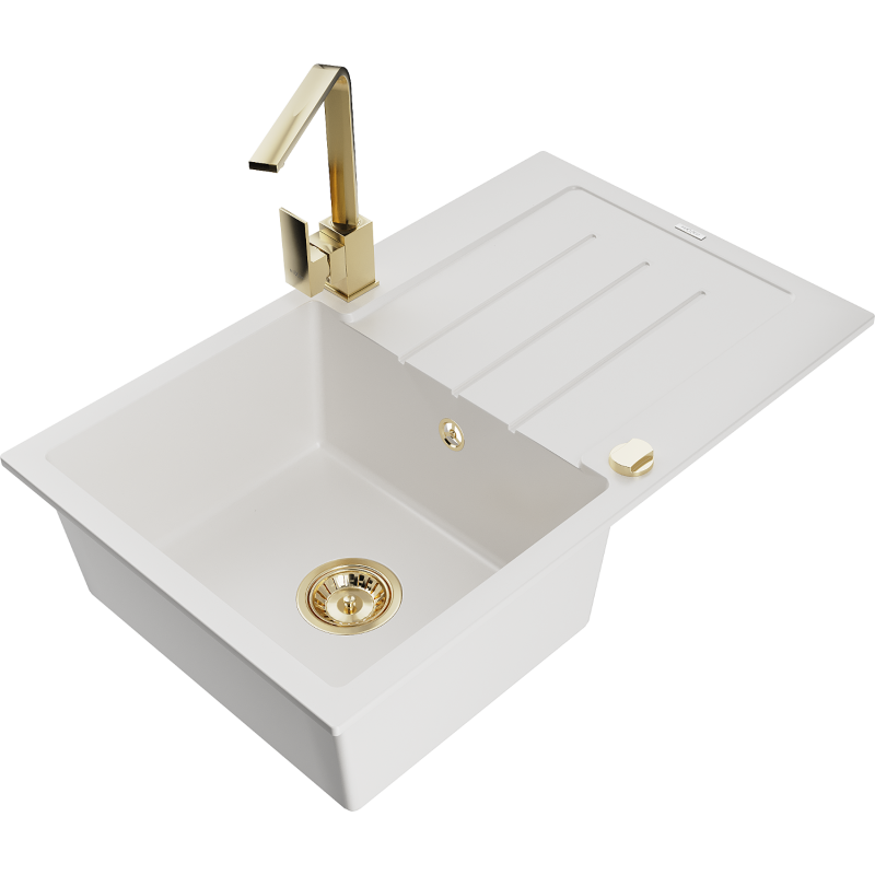Mexen Bruno 1-compartment granite sink with a drip tray and kitchen mixer tap Rita, White - 6513-20-670300-50