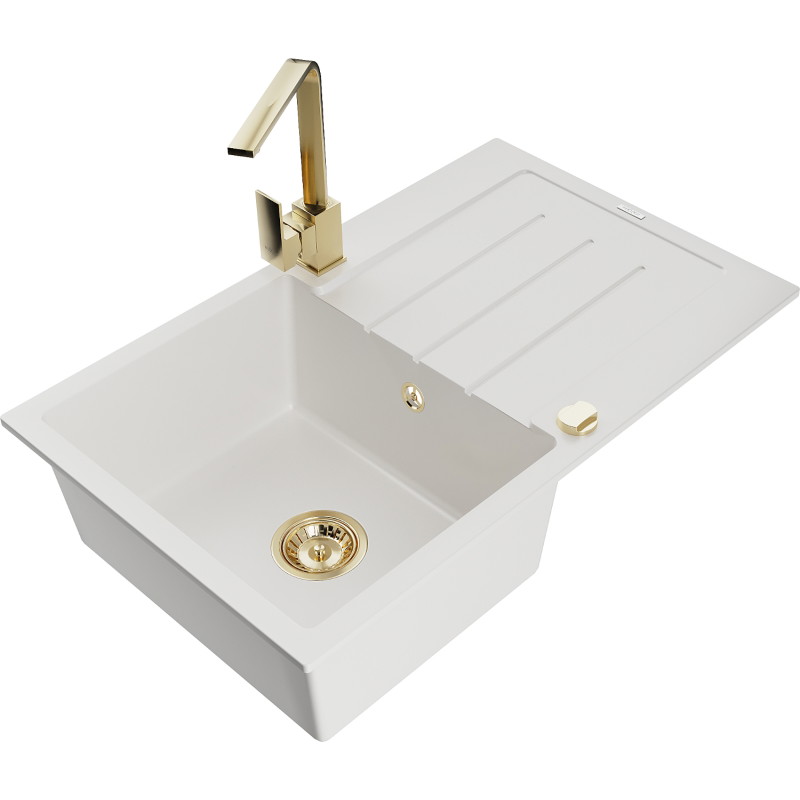 Mexen Bruno granite sink 1-bowl with drainer and kitchen faucet Rita, white - 6513-20-670300-50