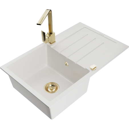 Mexen Bruno granite sink single-bowl with drainer and kitchen faucet Rita, white - 6513-20-670300-50