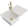 Mexen Bruno granite kitchen sink 1-bowl with drainer and Rita kitchen tap, white - 6513-20-670300-50
