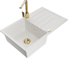 Mexen Bruno granite kitchen sink 1-bowl with drainer and Rita kitchen tap, white - 6513-20-670300-50