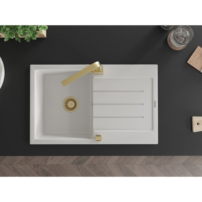 Mexen Bruno granite kitchen sink 1-bowl with drainer and Rita kitchen tap, white - 6513-20-670300-50