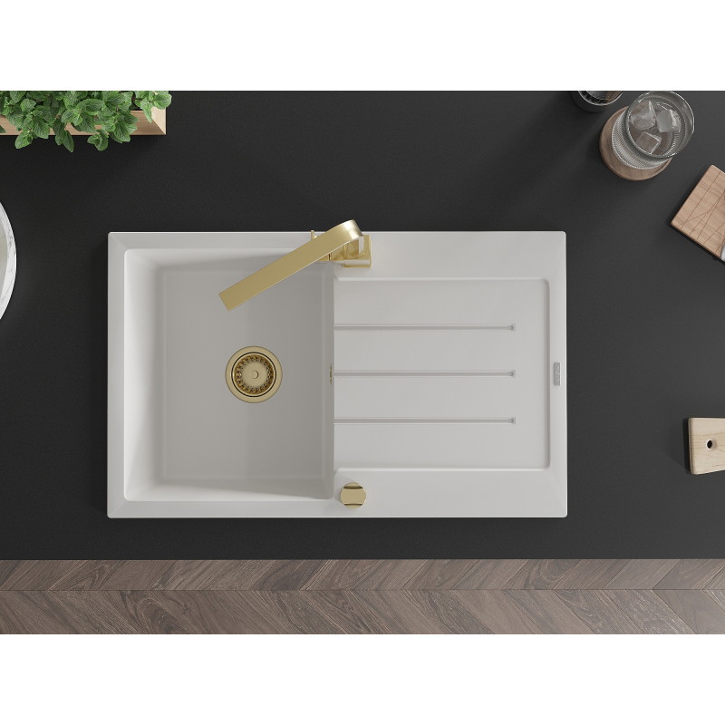 Mexen Bruno granite sink 1-bowl with drainer and kitchen faucet Rita, white - 6513-20-670300-50
