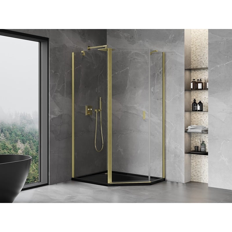 Mexen Mist pentagonal asymmetrical hinged shower enclosure 90 x 80 cm, transparent, brushed gold - 8A8-090-080-55-00