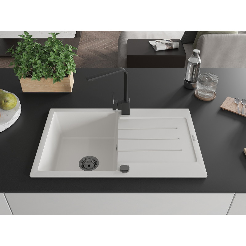 Mexen Bruno 1-compartment granite sink with drainer and Rita kitchen faucet, white - 6513-20-670300-70