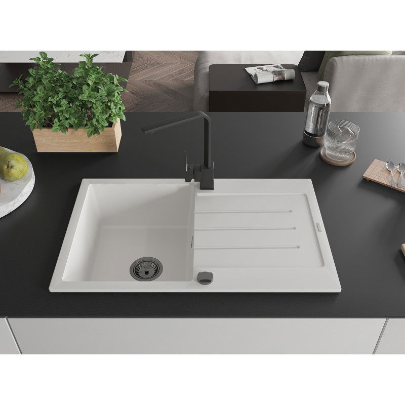 Mexen Bruno granite sink 1-bowl with drainer and Rita kitchen tap, white - 6513-20-670300-70