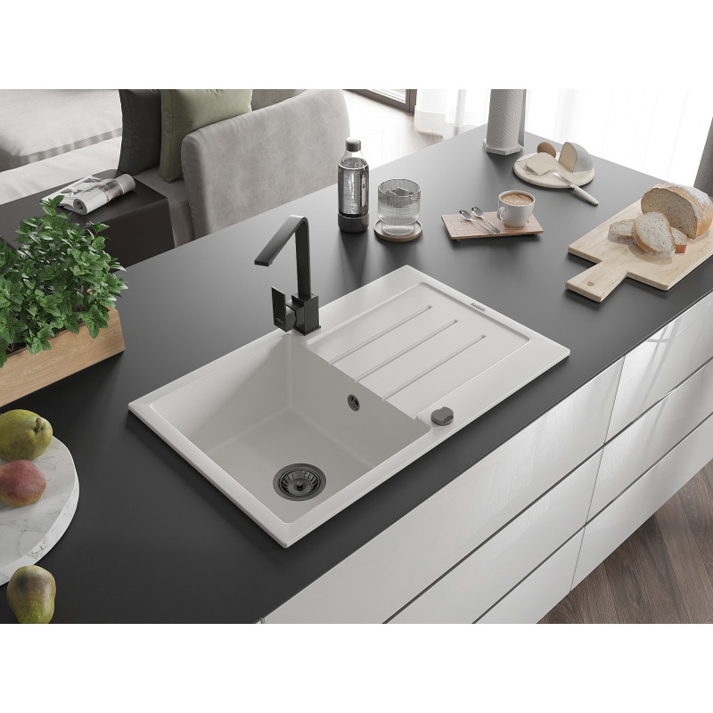 Mexen Bruno granite kitchen sink 1-bowl with drainer and Rita kitchen faucet, white - 6513-20-670300-70