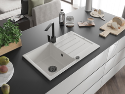 Mexen Bruno granite sink 1-bowl with drainer and Rita kitchen tap, white - 6513-20-670300-70