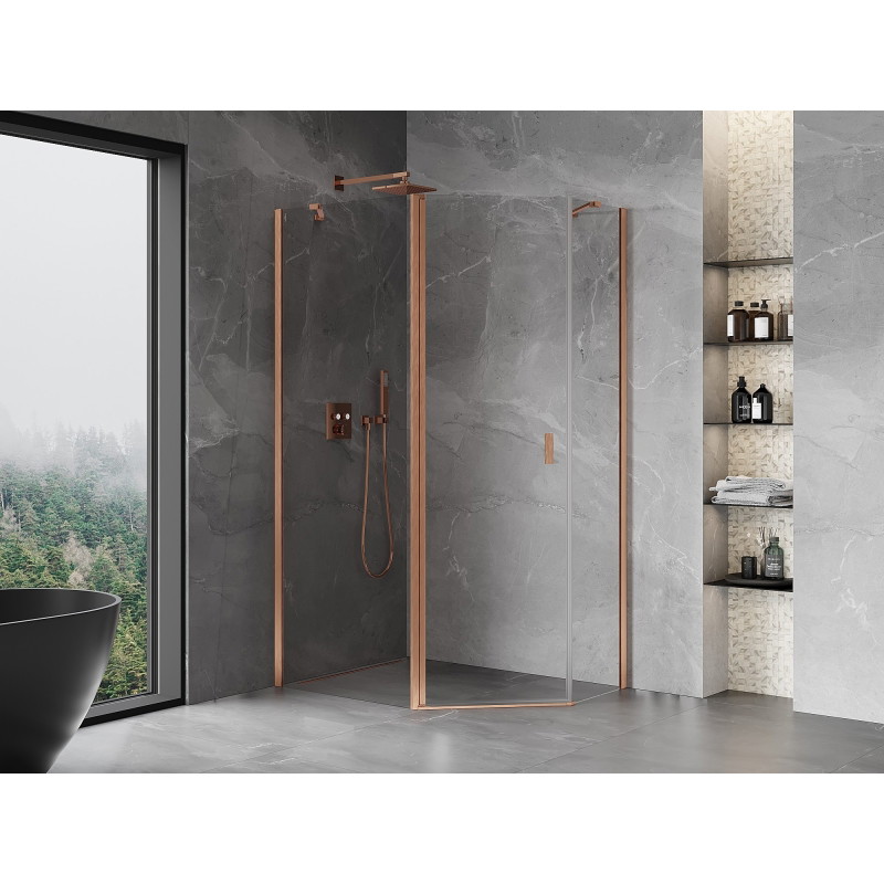 Mexen Mist asymmetric pentagon shower cabin with swinging door 90 x 80 cm, transparent, brushed copper - 8A8-090-080-65-00
