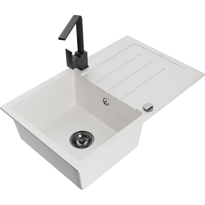 Mexen Bruno granite kitchen sink 1-bowl with drainer and Rita kitchen faucet, white - 6513-20-670300-70