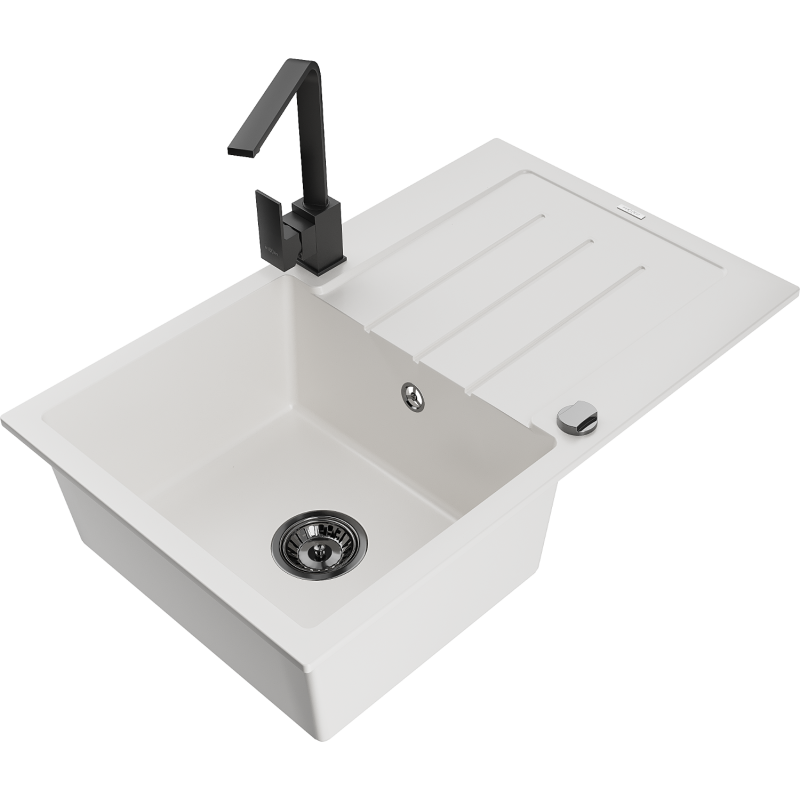 Mexen Bruno granite sink 1-bowl with drainer and Rita kitchen tap, white - 6513-20-670300-70