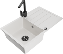 Mexen Bruno granite sink 1-bowl with drainer and Rita kitchen tap, white - 6513-20-670300-70
