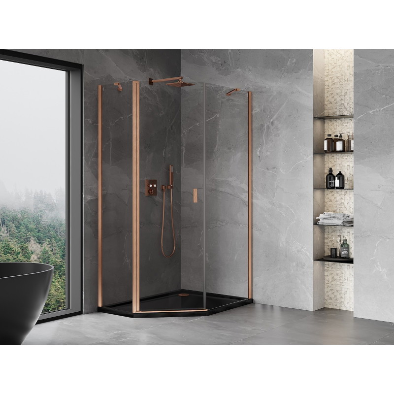 Mexen Mist asymmetric pentagonal shower cabin with hinged doors 80 x 90 cm, transparent, brushed copper - 8A8-080-090-65-00