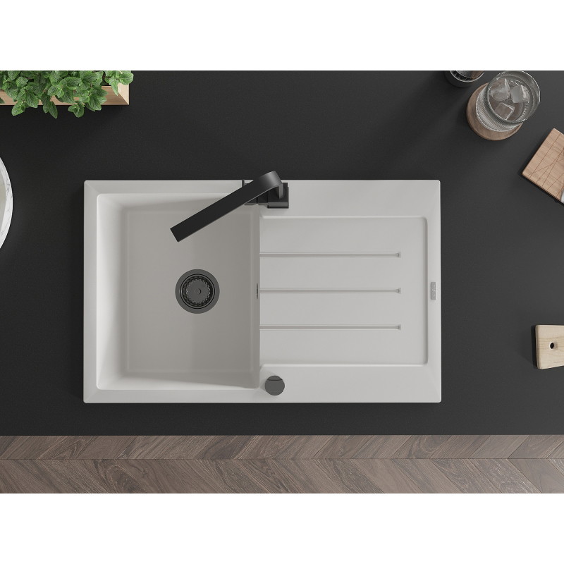 Mexen Bruno 1-compartment granite sink with drainer and Rita kitchen faucet, white - 6513-20-670300-70