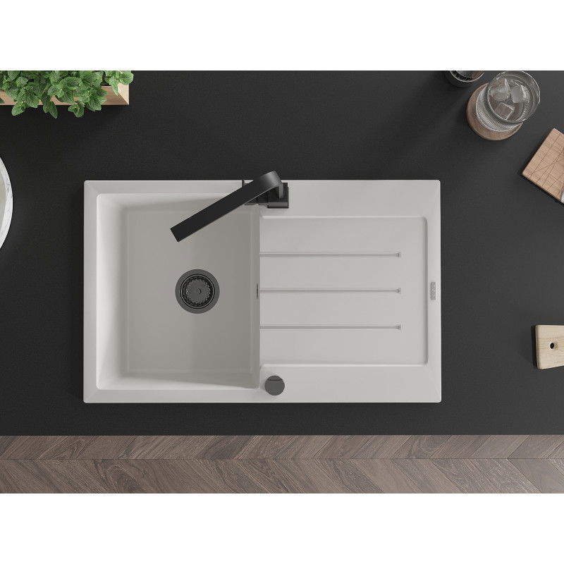 Mexen Bruno granite sink 1-bowl with drainer and Rita kitchen tap, white - 6513-20-670300-70