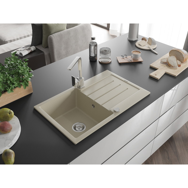 Mexen Bruno granite kitchen sink 1-bowl with drainer and kitchen tap Rita, beige - 6513-69-670300-00