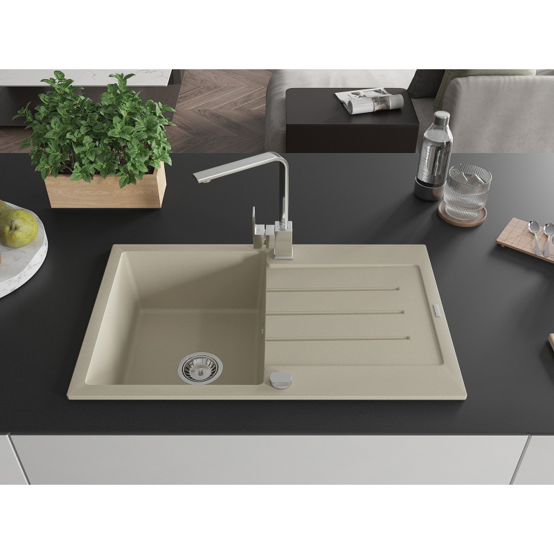 Mexen Bruno granite kitchen sink with 1 basin, drainer and Rita kitchen faucet, beige - 6513-69-670300-00