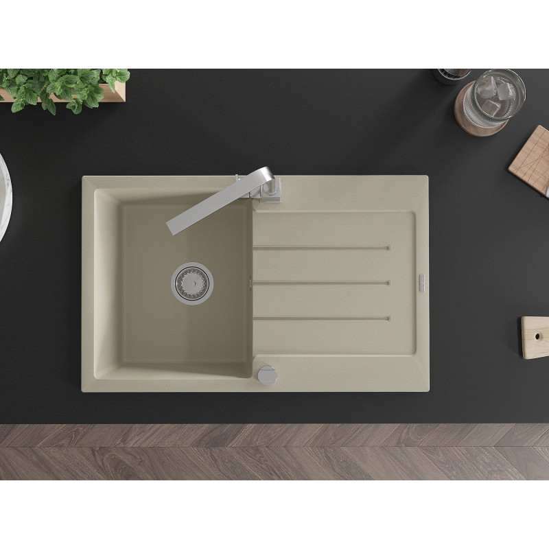 Mexen Bruno granite kitchen sink with 1 basin, drainer and Rita kitchen faucet, beige - 6513-69-670300-00
