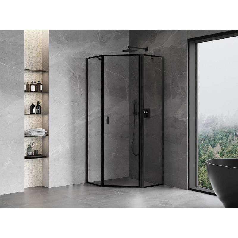 Mexen Mist pentagonal shower enclosure, right-hand hinged 90 x 90 cm, black frame, black - 8A8-090-090-70-70-P