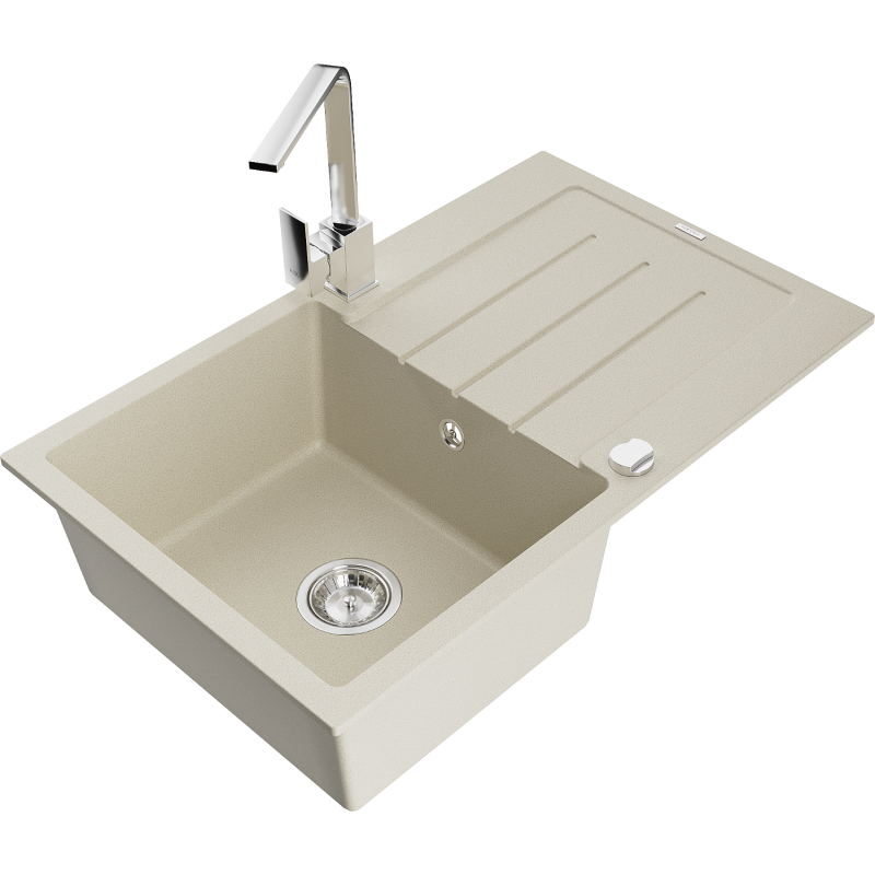 Mexen Bruno granite kitchen sink 1-bowl with drainer and Rita kitchen tap, beige - 6513-69-670300-00