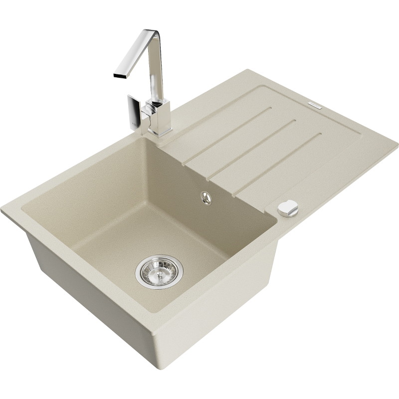Mexen Bruno granite kitchen sink with 1 basin, drainer and Rita kitchen faucet, beige - 6513-69-670300-00
