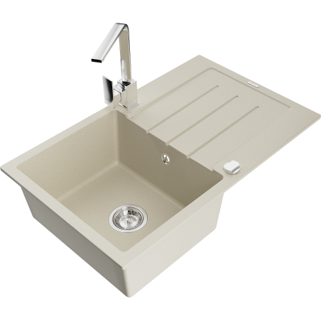 Mexen Bruno granite kitchen sink 1-bowl with drainer and Rita kitchen tap, beige - 6513-69-670300-00