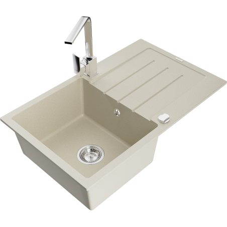 Mexen Bruno granite kitchen sink with 1 basin, drainer and Rita kitchen faucet, beige - 6513-69-670300-00