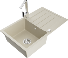 Mexen Bruno granite kitchen sink 1-bowl with drainer and Rita kitchen tap, beige - 6513-69-670300-00
