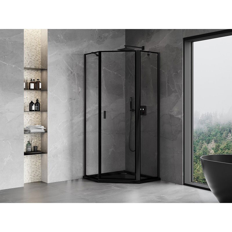 Mexen Mist pentagonal shower enclosure, right-hand hinged 90 x 90 cm, black frame, black - 8A8-090-090-70-70-P