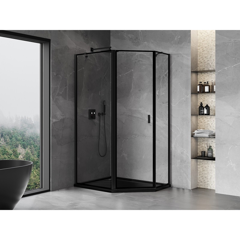 Mexen Mist asymmetric pentagonal hinged left shower cabin 90 x 80 cm, black frame, black - 8A8-090-080-70-70-L