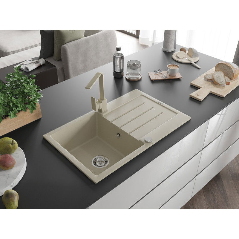 Mexen Bruno 1-bowl granite sink with drainer and Rita kitchen tap, beige - 6513-69-670300-69