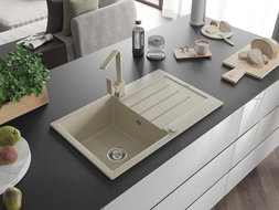 Mexen Bruno 1-compartment granite sink with a drip tray and kitchen mixer tap Rita, Beige - 6513-69-670300-69