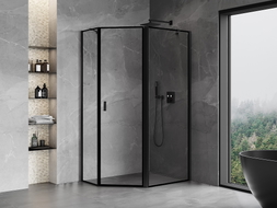 Mexen Mist Pentagonal Asymmetrical Right Hinged Shower Enclosure 100 x 80 cm, Black Frame, Black - 8A8-100-080-70-70-P