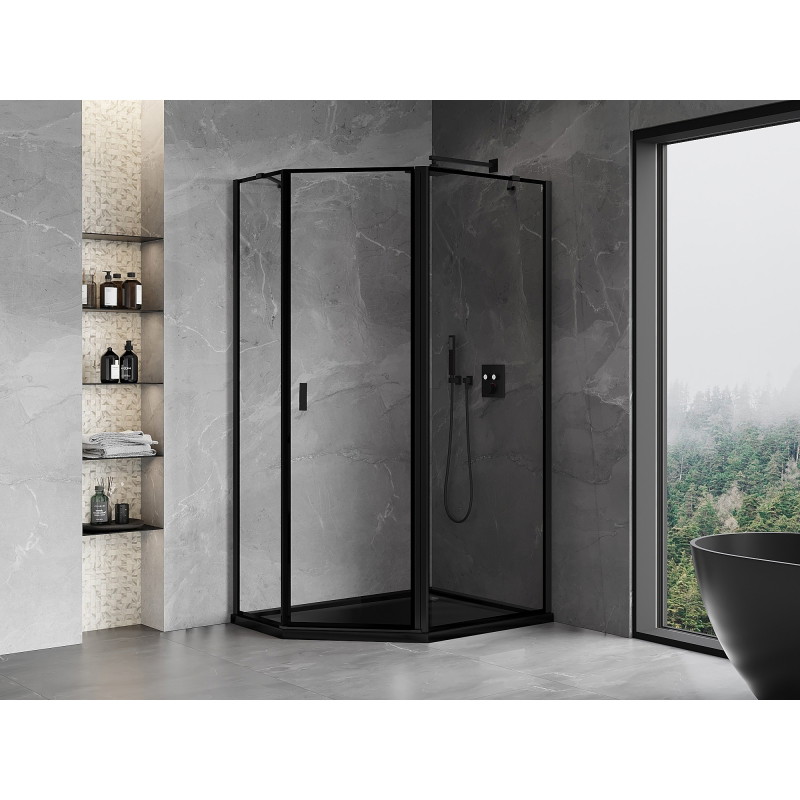 Mexen Mist Pentagonal Asymmetrical Right Hinged Shower Enclosure 100 x 80 cm, Black Frame, Black - 8A8-100-080-70-70-P