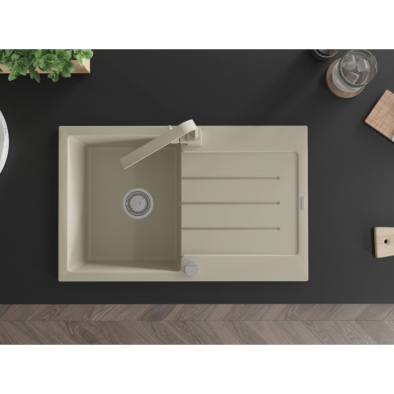 Mexen Bruno granite kitchen sink 1-bowl with drainer and kitchen faucet Rita, beige - 6513-69-670300-69