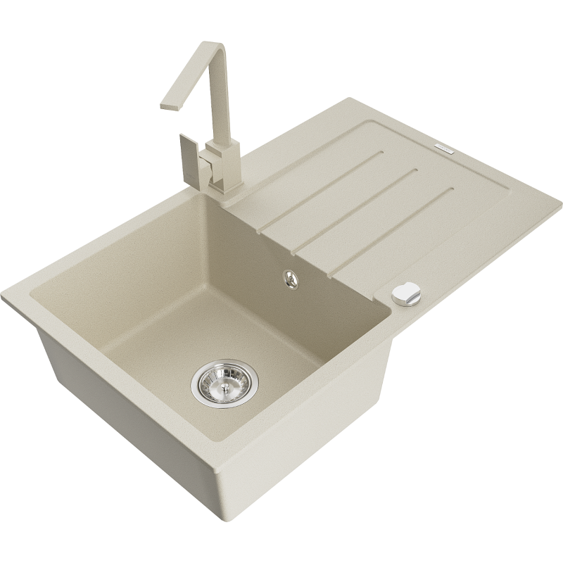 Mexen Bruno 1-bowl granite sink with drainer and Rita kitchen tap, beige - 6513-69-670300-69