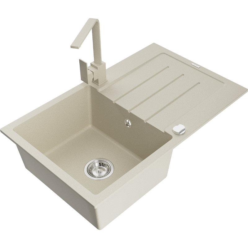 Mexen Bruno 1-compartment granite sink with a drip tray and kitchen mixer tap Rita, Beige - 6513-69-670300-69