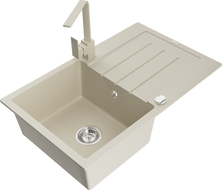 Mexen Bruno granite kitchen sink with 1-bowl, drainer, and kitchen faucet Rita, beige - 6513-69-670300-69